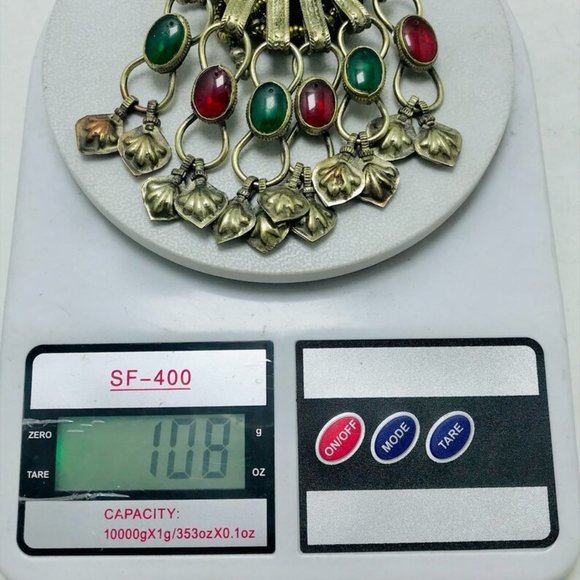 Pendant Necklace, Tribal Big Pendant With Red and Green Glass Stones and Beaded - Picture 11 of 11